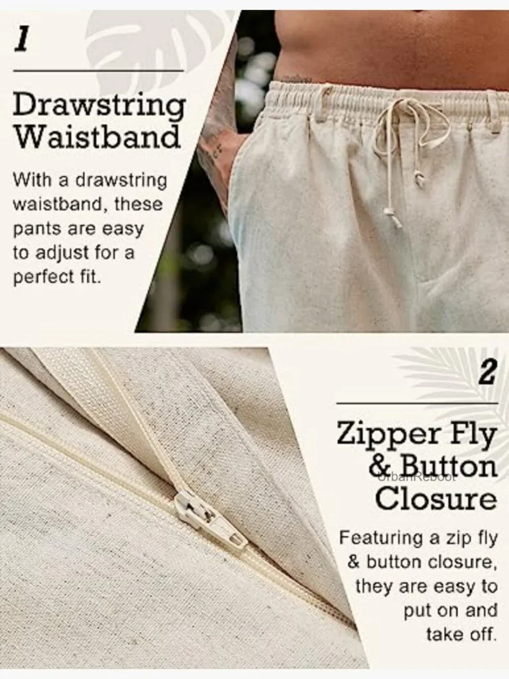 Men's Linen Pants Elastic Waist Drawstring Lightweight Casual Beach Trousers